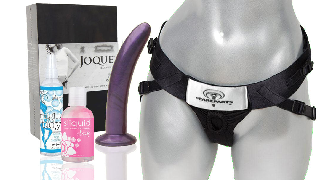 Strap on harness, dildo, Sliquid lubricant, Mighty Tidy cleaner, Joque harness box