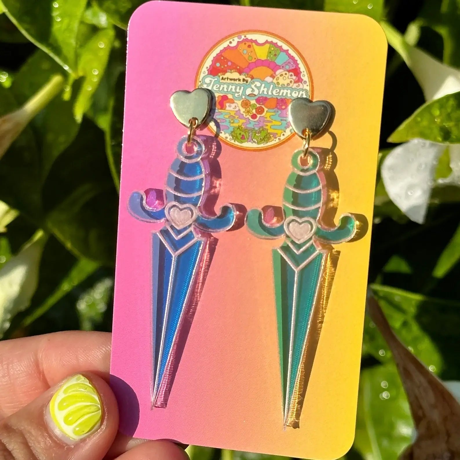 Heart Dagger Earrings in Iridescent
