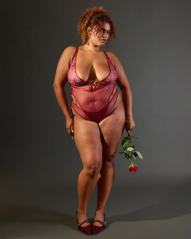 Cyrene Queen of Strength Plunge Bodysuit in Ruby