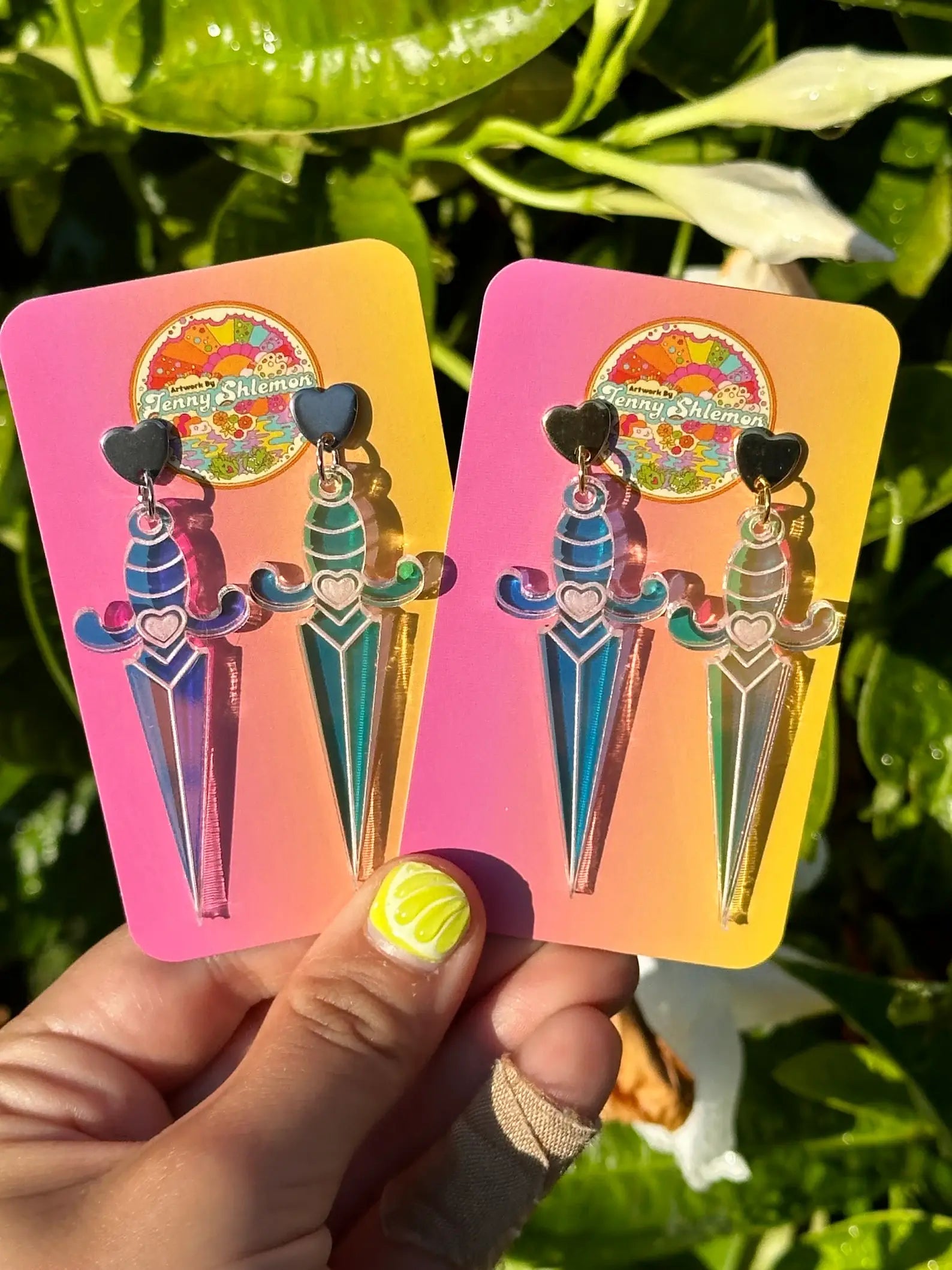 Heart Dagger Earrings in Iridescent