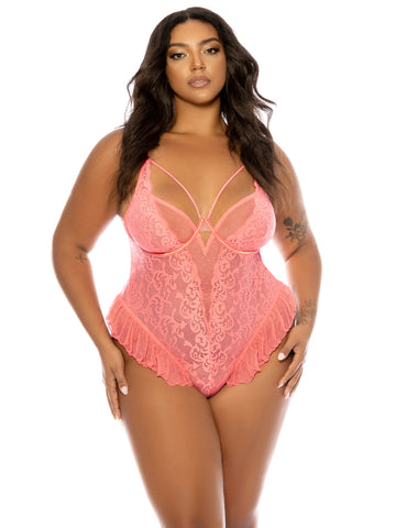 plus size mixed black model with long straight brown hair is wearing a pretty lace and ruffled coral lingerie bodysuit.