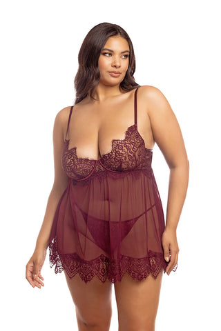 plus size model shows off the burgundy red lingerie babydoll slip