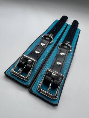 Eternally Mine Leather Locking Cuffs in Teal & Black