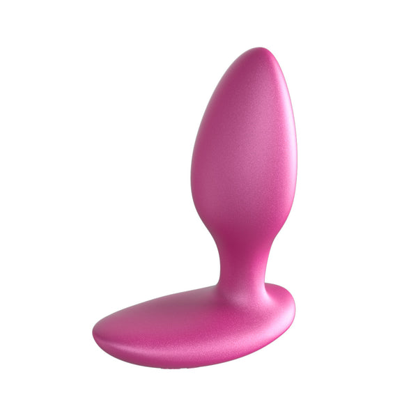 vertical image of the body safe vibrating butt plug, shows off the tapered insertable end and the oval shaped base
