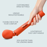 white hand holds orange wand and text on the background reads: customizable speed settings, unique weighted rumble, flexible neck for your comfort, lightweight easy-grip handle, 50% quieter than the leading wand