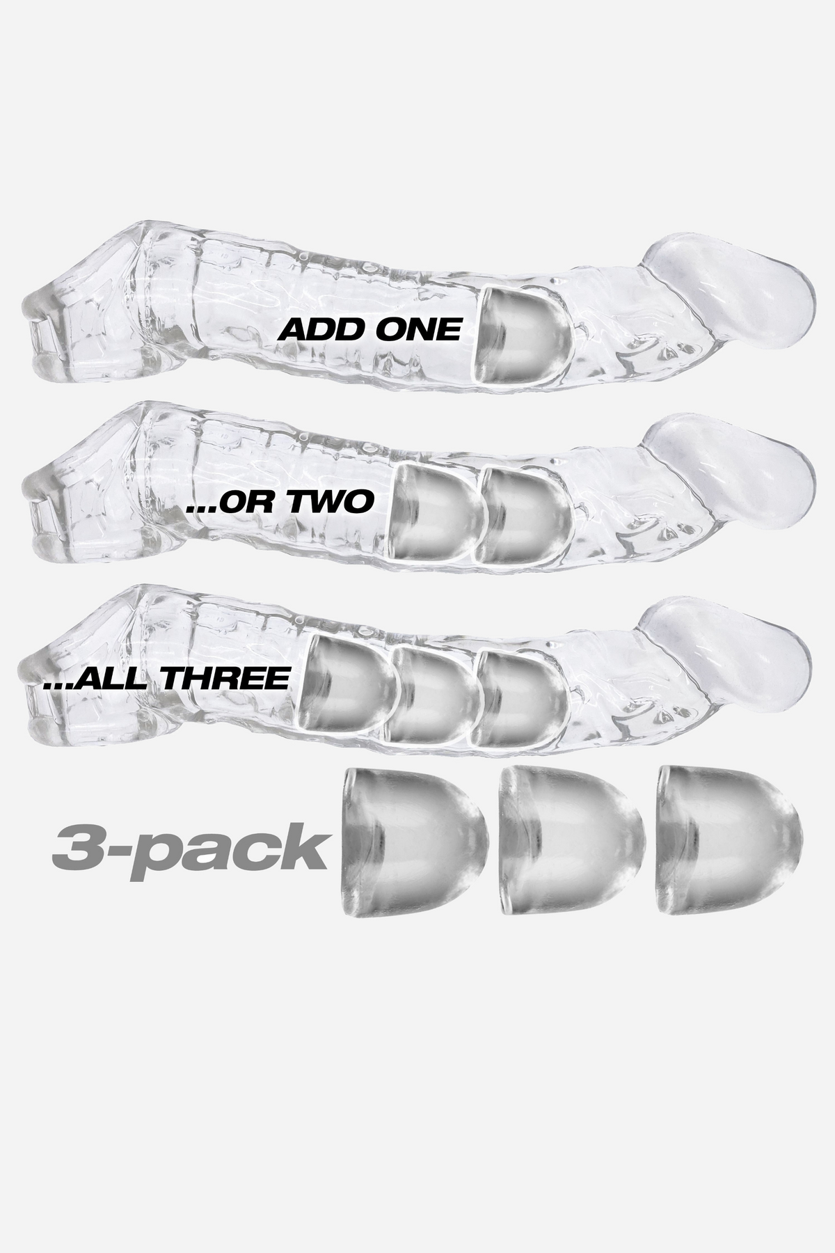 Diagram showing one, two or all three clear inserts stacked inside a ribbed penis sleeve, with the loose three-pack shown below.