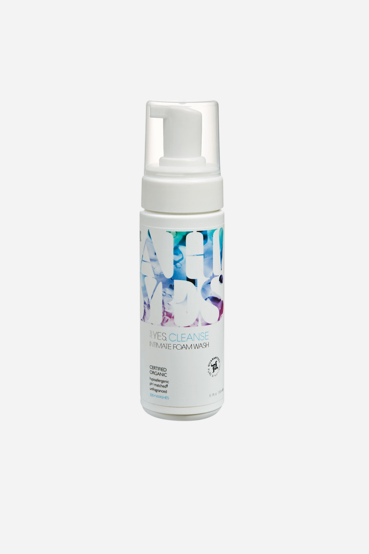 A white foaming pump bottle of Ah! Yes unfragranced intimate wash, with a pastel watercolour label, standing on a plain grey backdrop.