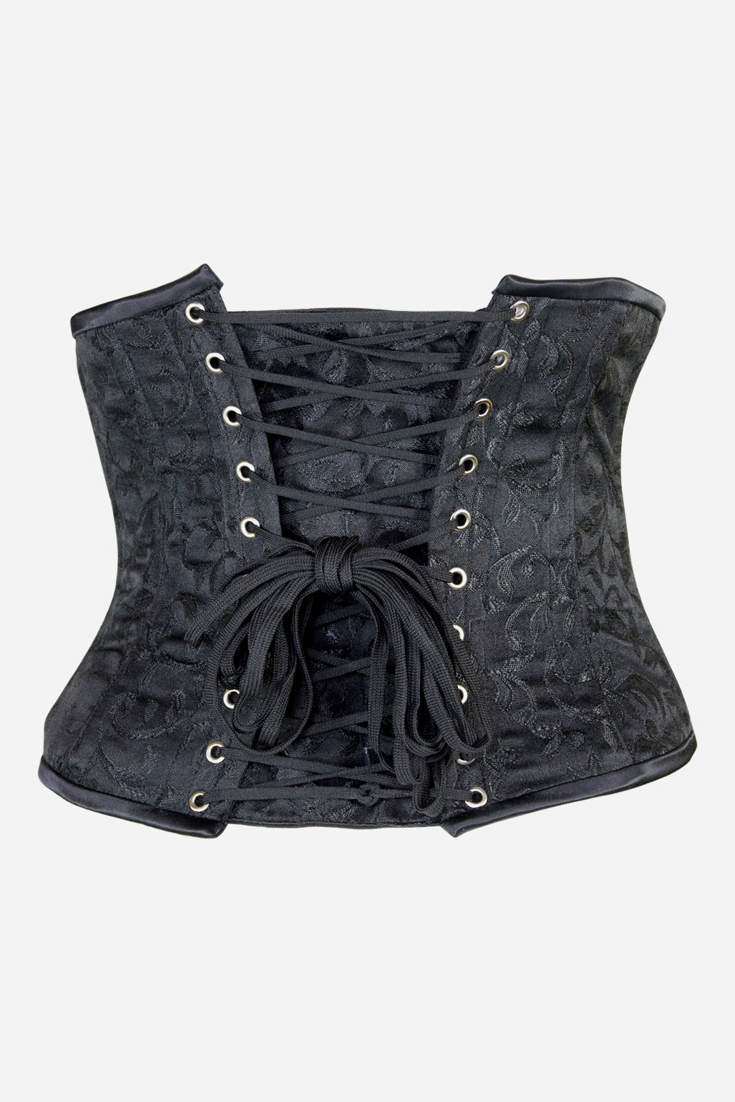 Back of the Alluring black brocade underbust corset with full grommet lacing and black laces tied in a bow for adjustable cinching