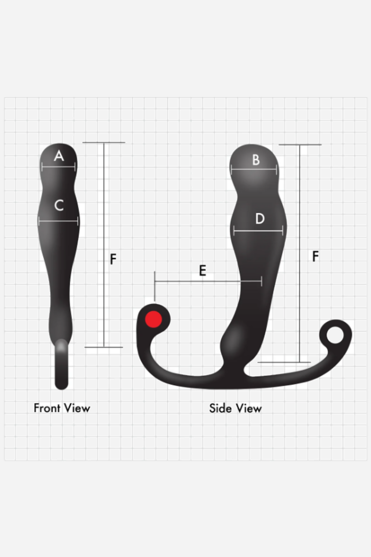 Aneros Eupho Syn measurement diagram showing front and side views on a grid, with letters marking the length, width and stem points.