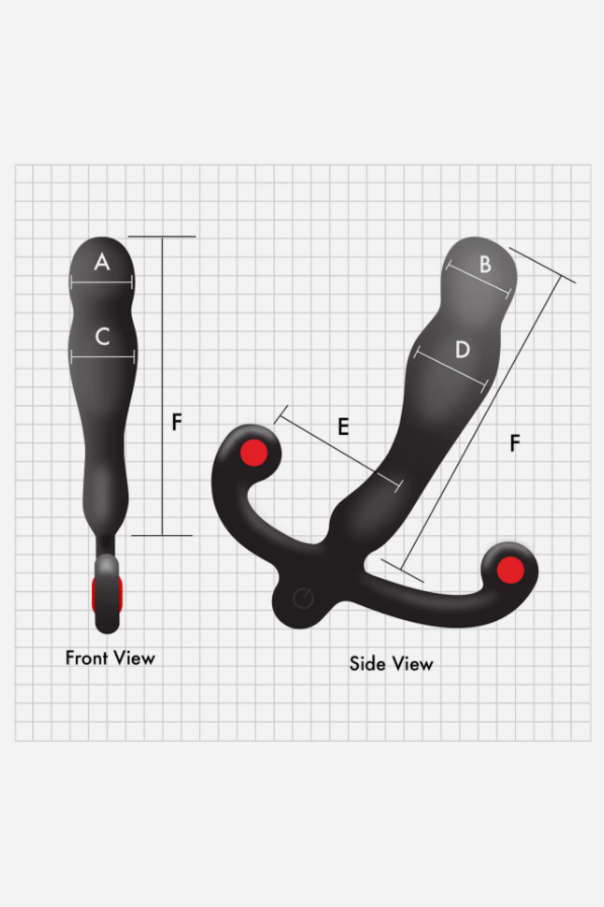 Front and side view diagram of the Aneros Eupho Syn V prostate massager, labelling the head, body, insertable length and arm measurement points