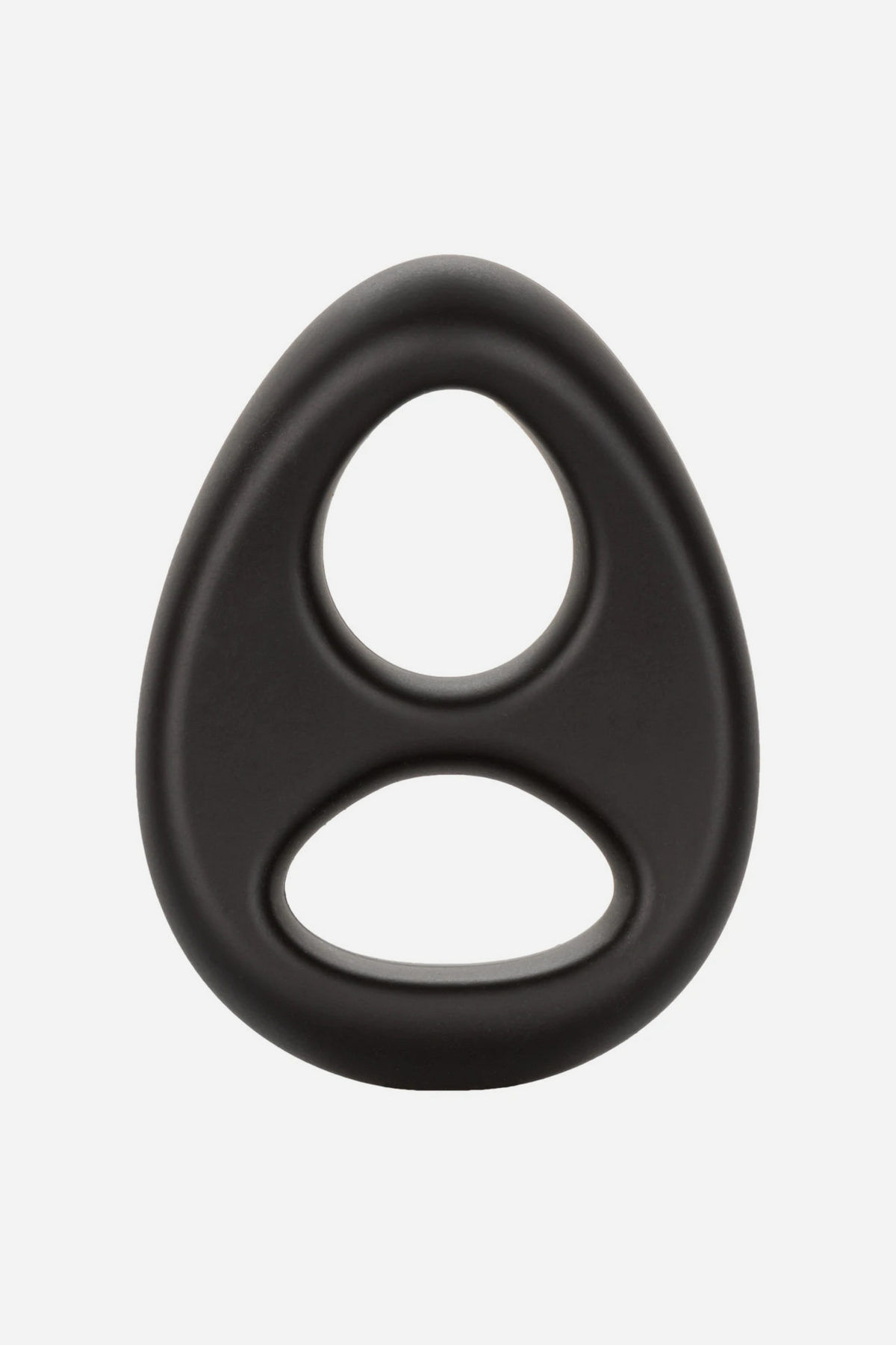 Black liquid silicone cock and ball dual enhancer ring included with the At Your Peak gauged hand pump penis pump, on a grey background