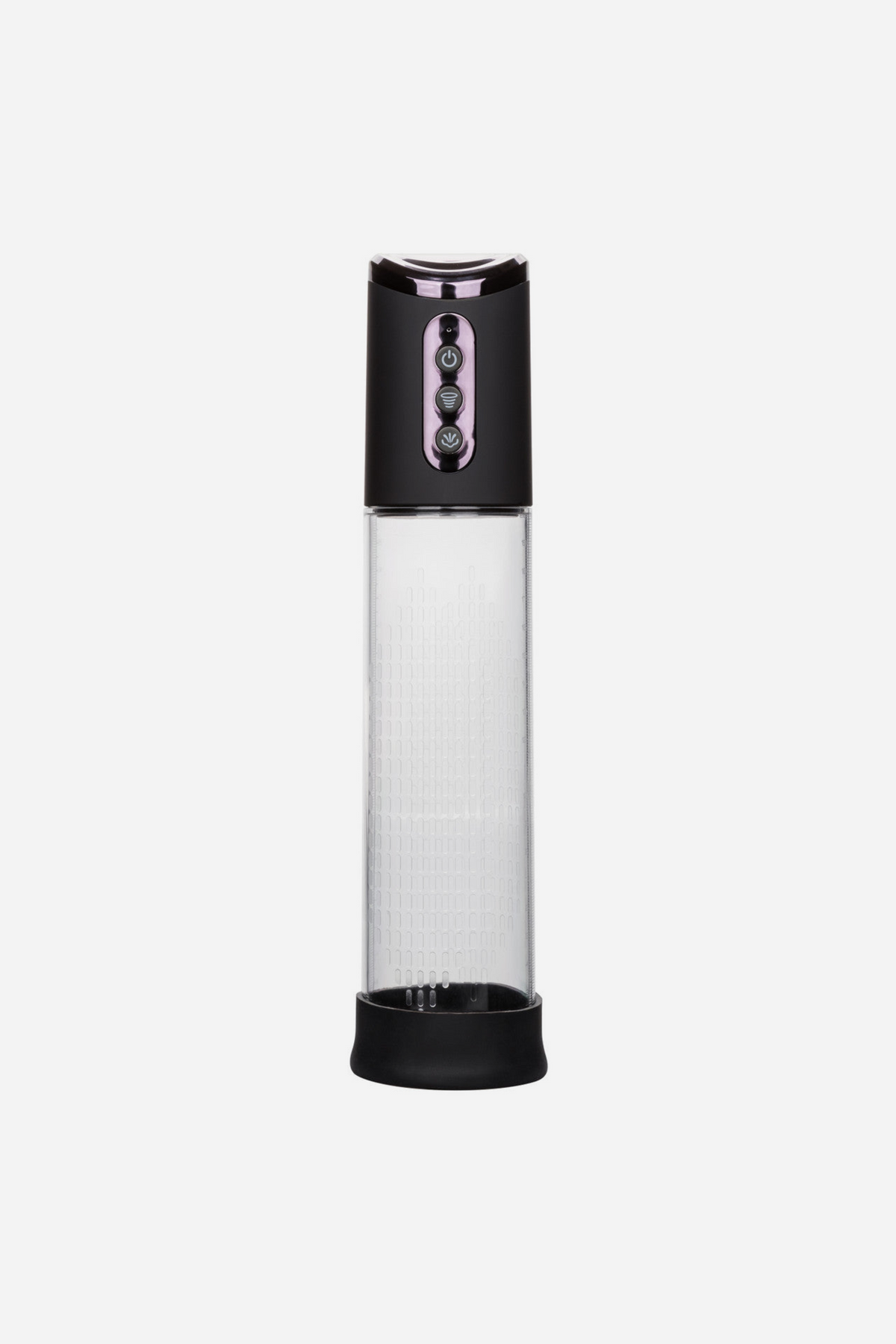 At Your Peak rechargeable penis pump standing upright, full-length view of the clear measuring cylinder and black base, on light grey