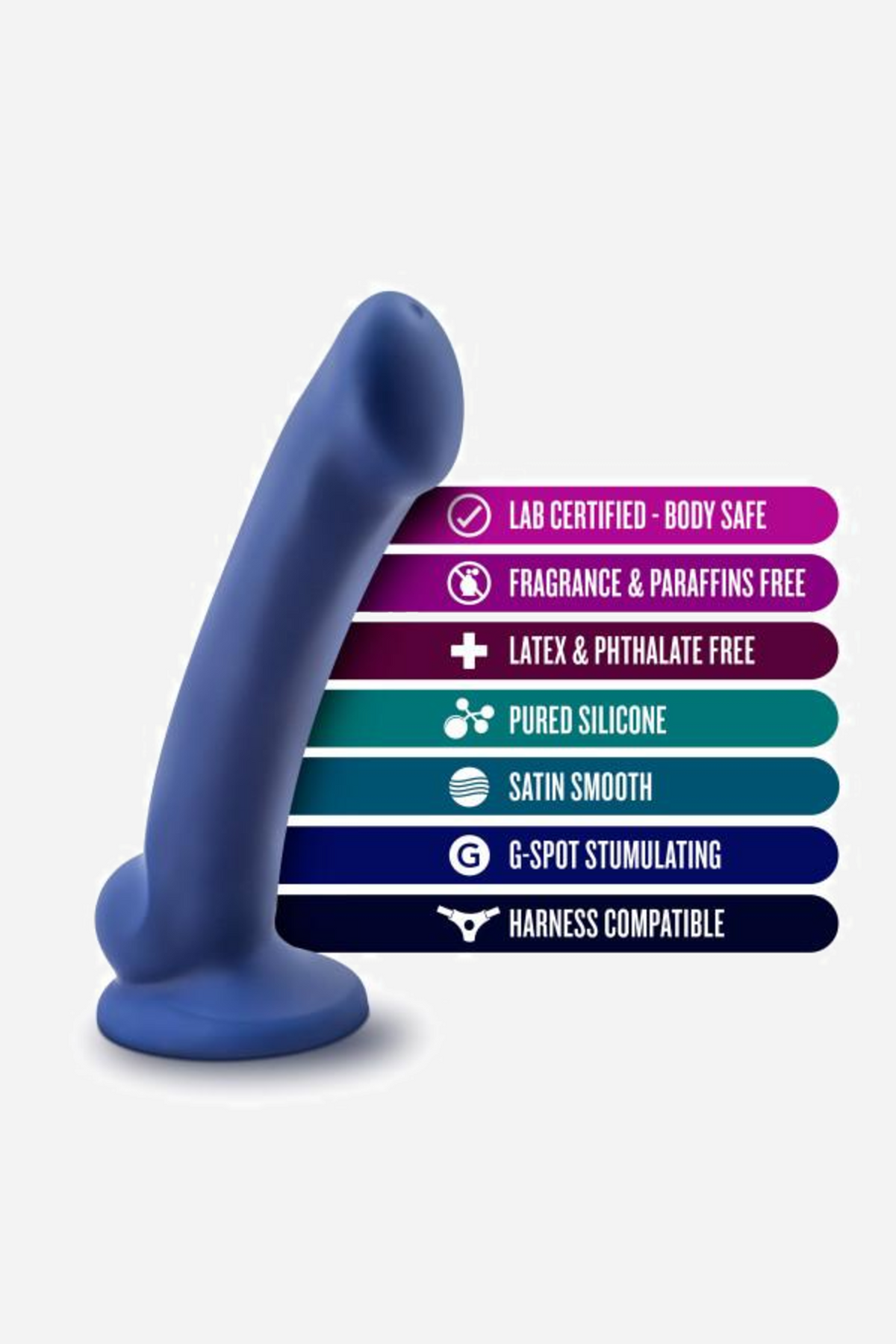 Avant D10 Ergo mini dildo beside feature labels: lab certified body safe, fragrance free, pure silicone, G-spot shaping, harness ready.
