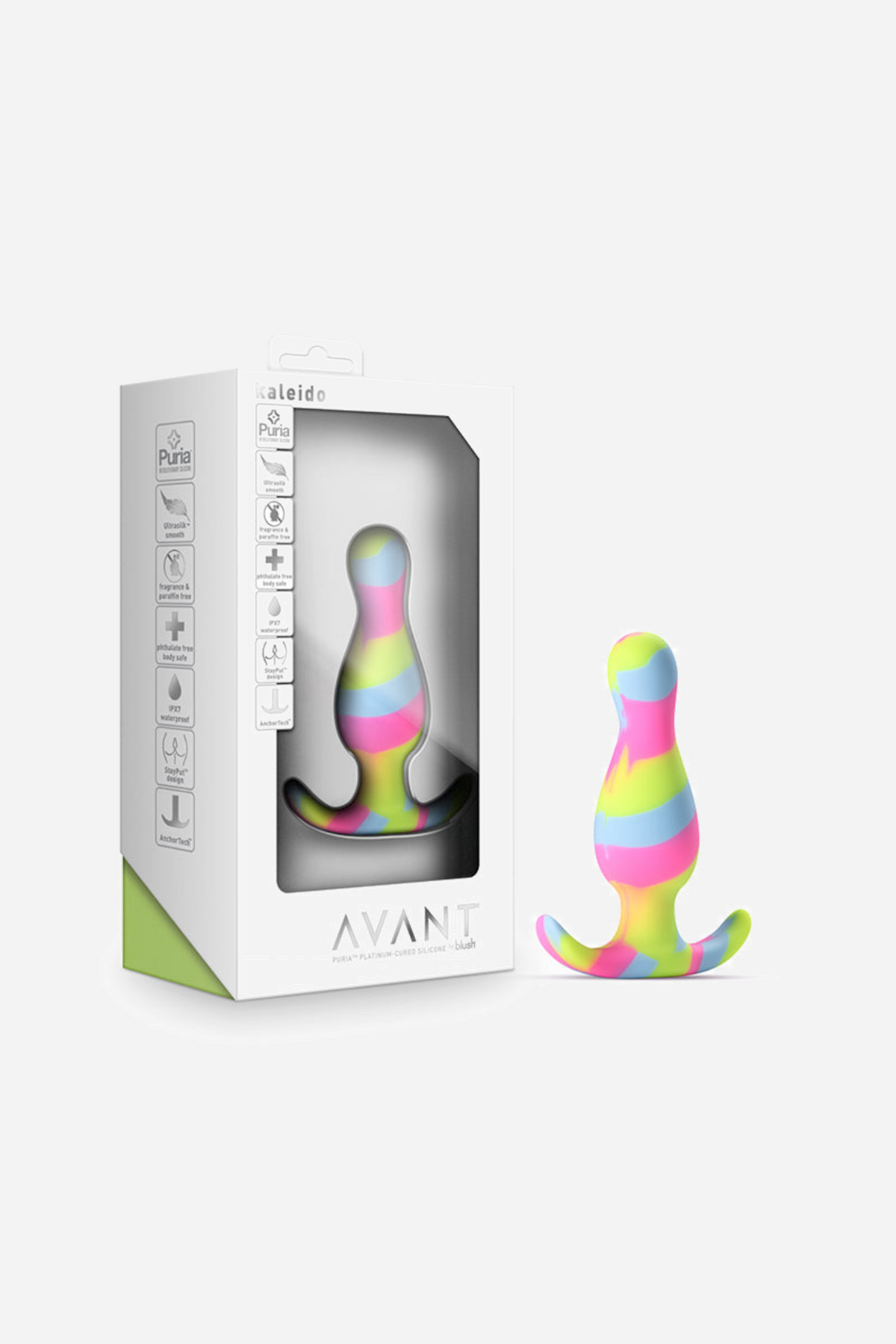The rainbow striped plug beside its Avant packaging box, which shows the same plug through a window in the front of the carton.