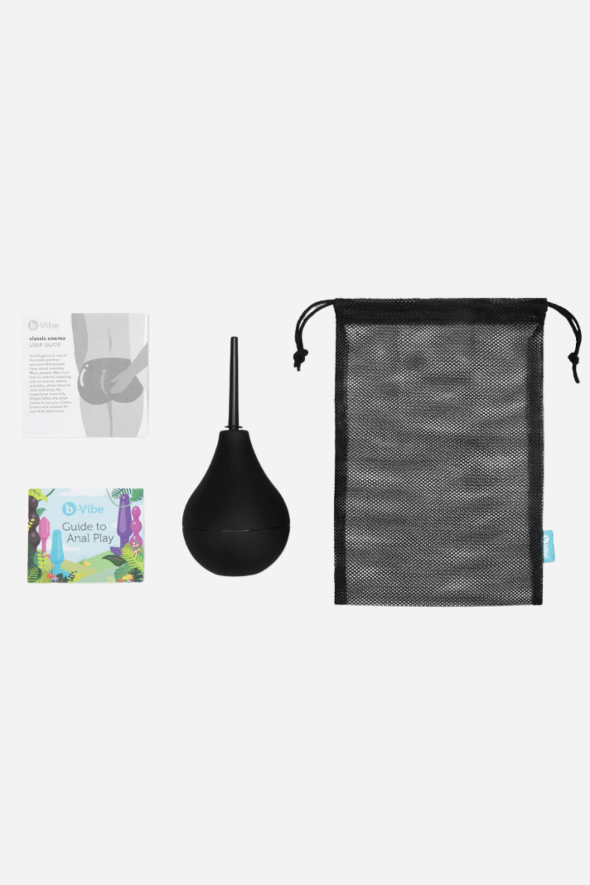 B-Vibe Slimline Classic Enema kit on grey: the black bulb with its slim nozzle, a black mesh drawstring storage pouch and the instruction leaflets.