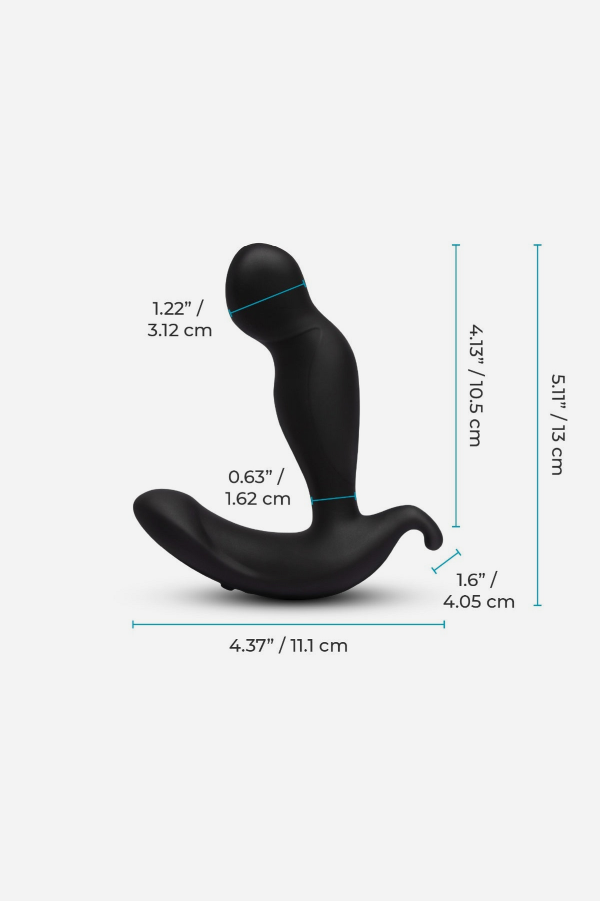 Dimension diagram of the B-Vibe 360 rotating plug showing its insertable length, tip and shaft width and base measurements, on grey