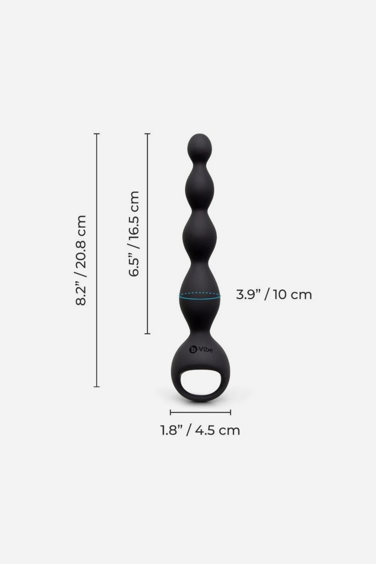 Dimension diagram of the B-Vibe Earth Rumbling vibrating anal beads, showing 8.2 in total length, 6.5 in insertable length and 1.8 in base