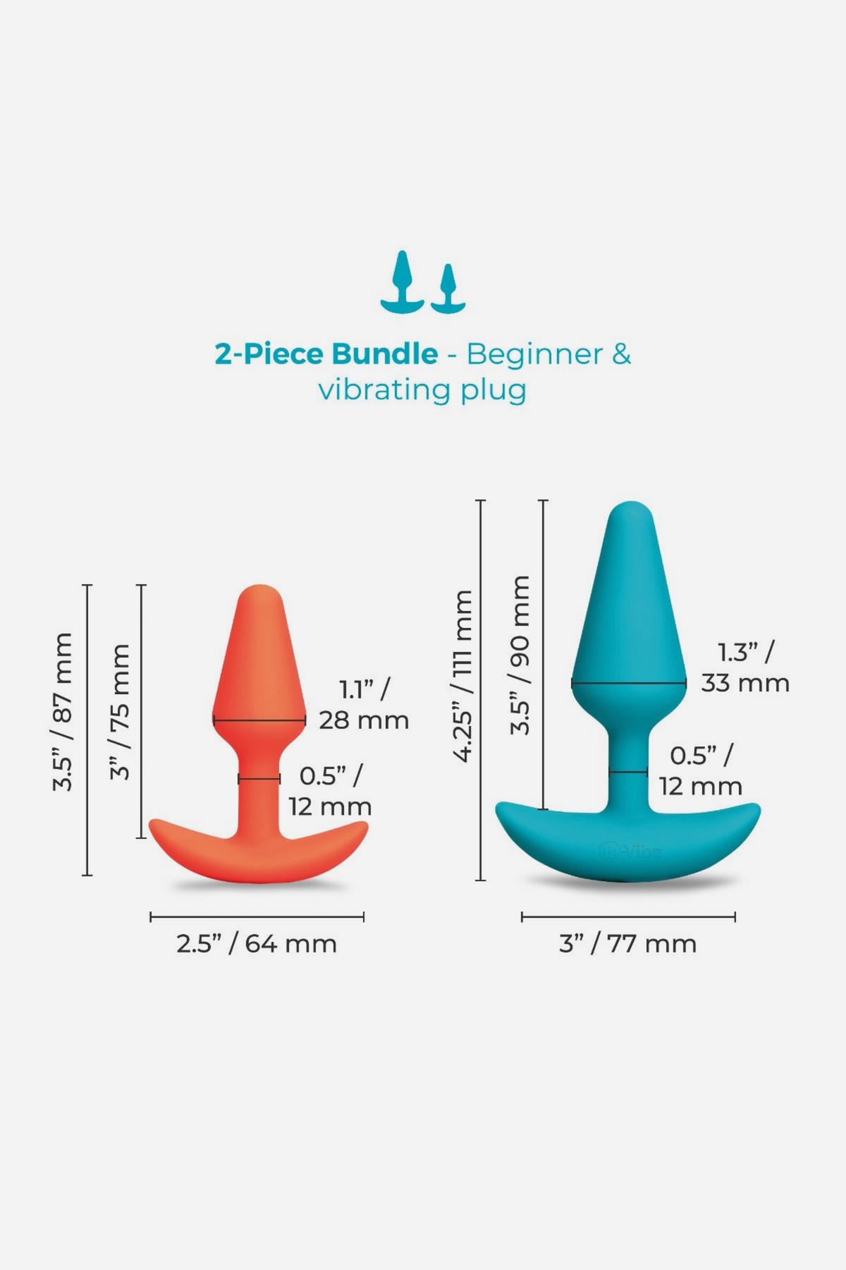 Dimension diagram of the 2-piece B-Vibe Intro Anal Training Kit, showing the length and width of the beginner plug and vibrating plug