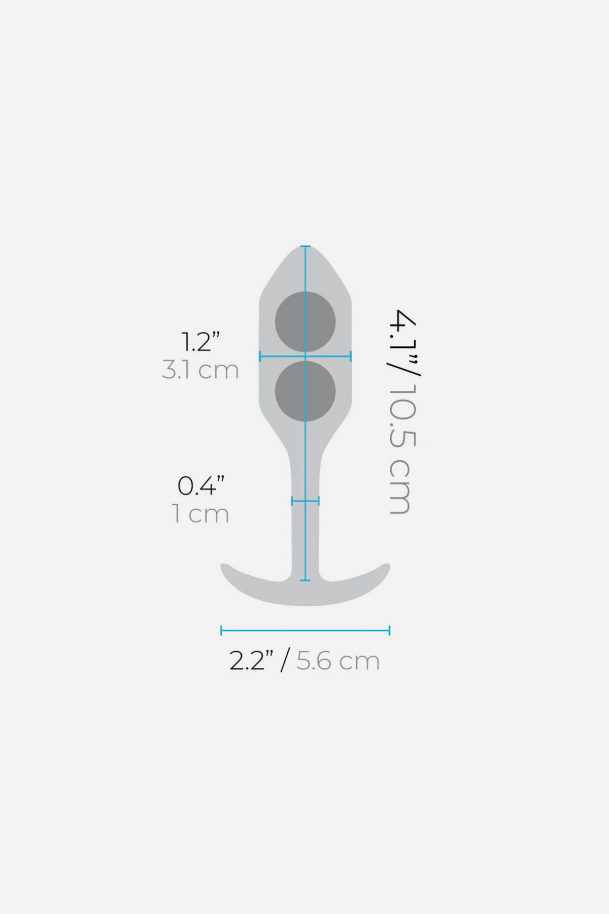 Dimension diagram for the B-Vibe Snug Plug 2 showing a 4.1 inch length, 1.2 inch widest diameter, 0.4 inch neck and 2.2 inch wide base