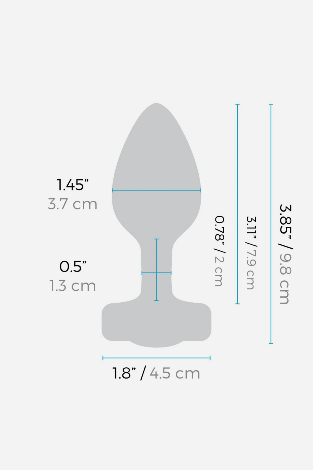 B-Vibe Vibrating Jewel Plug size diagram showing the total length, insertable length and widest diameter of the silicone plug