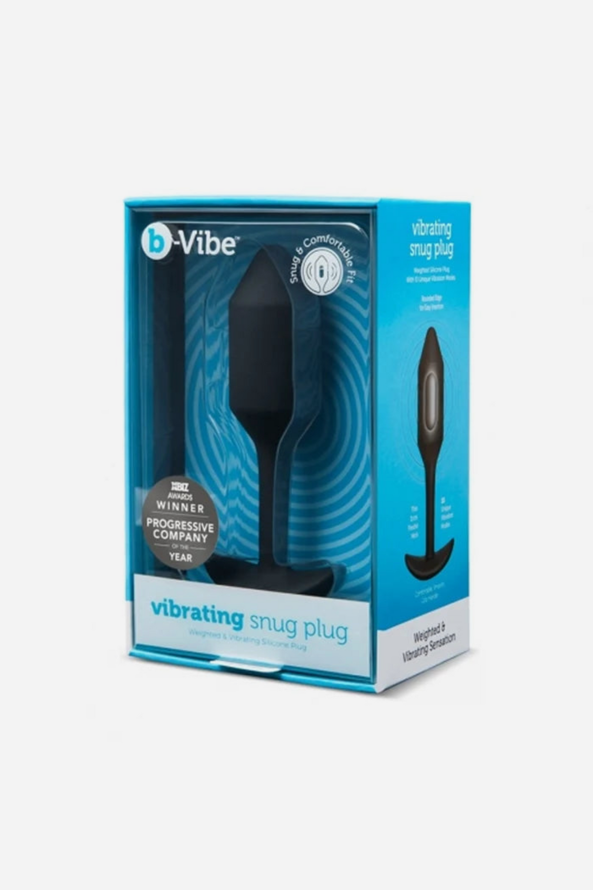 B-Vibe Vibrating Snug Plug 4 in Black inside its blue retail box with a window showing the plug, on a light grey background
