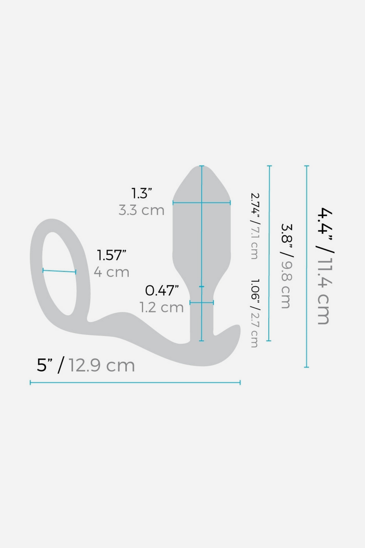 Dimension diagram of the B-Vibe Vibrating Snug and Tug cock ring plug, showing 5 in overall length and plug width measurements