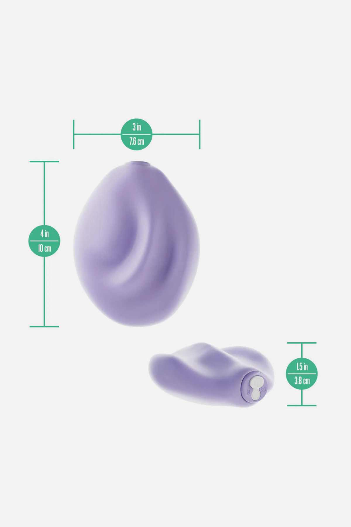 Dimension diagram of the lavender Be Urself Vibrating Pulse Pad with measurement lines marking its length, width and height