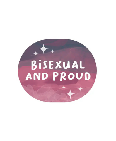 oval shaped sticker with a night-sky like background that fades from navy to pink. White text reads Bisexual and proud and has glimmering stars surrounding it.