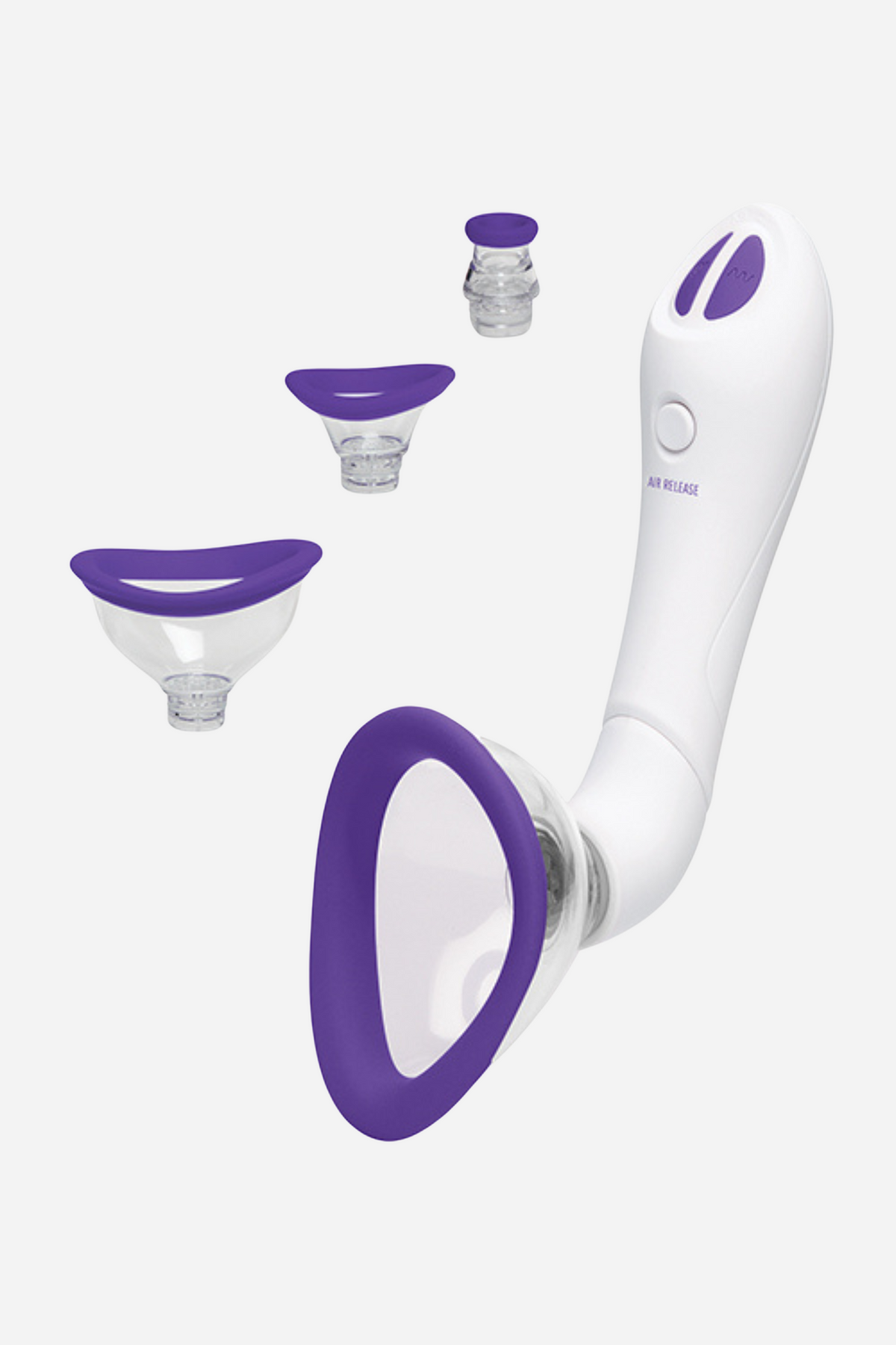 Bloom Intimate Vibrating Body Pump in purple with its curved white handle, large suction cup attached and three smaller interchangeable cups