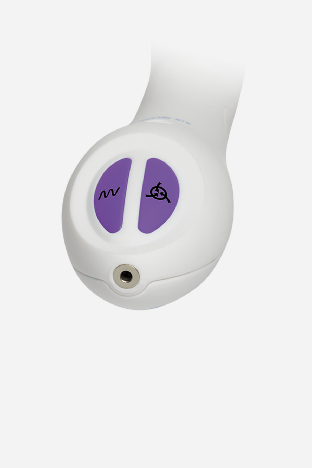 Close-up of the purple Bloom pump control panel with separate vibration and suction buttons above the charging port on the white handle