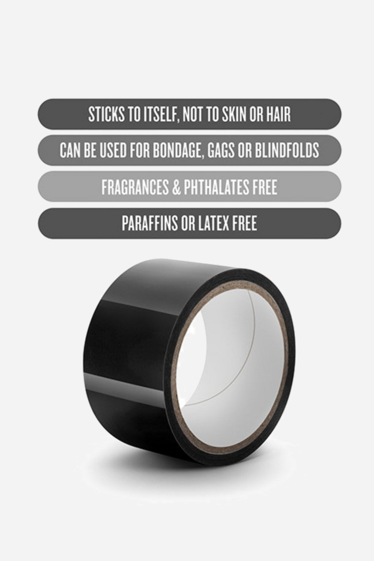 A roll of black bondage tape below four dark labels reading that it sticks to itself, not skin or hair, and is phthalate and latex free.