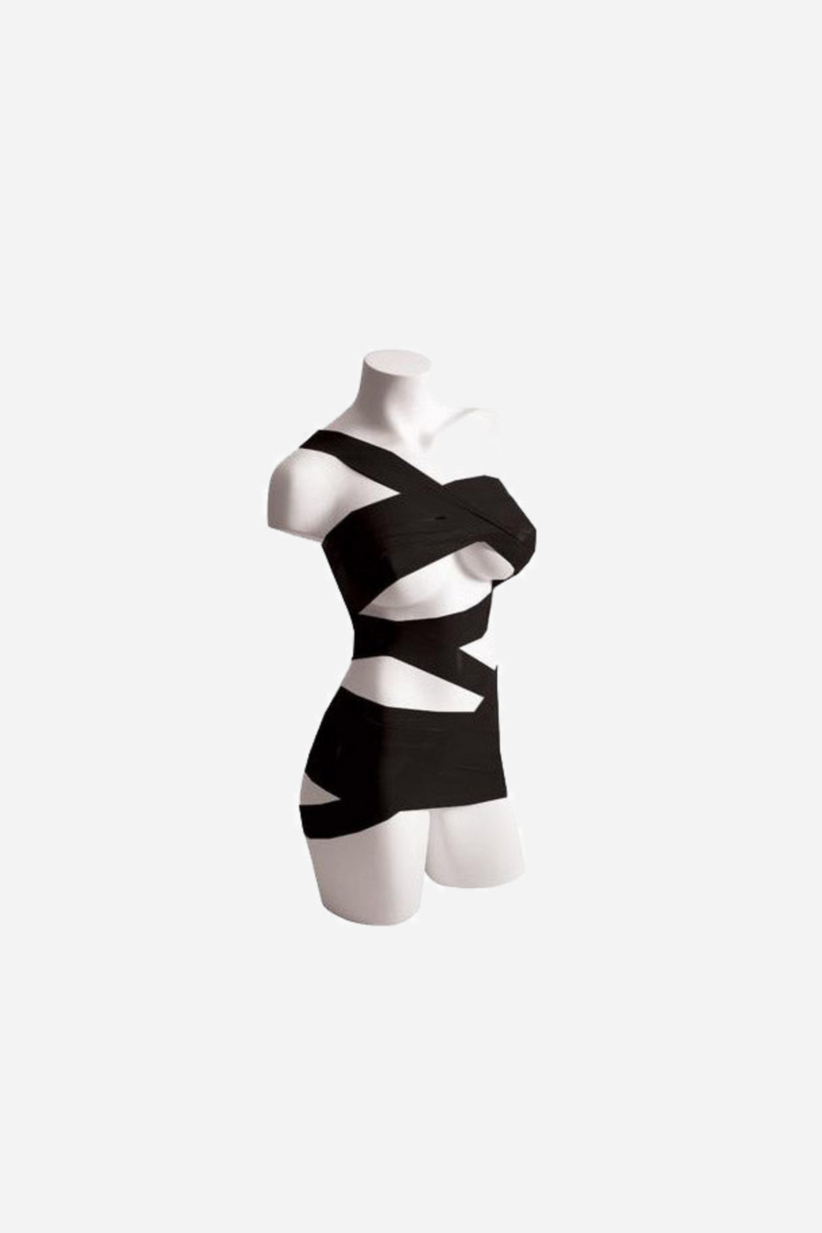 A pale dress form wrapped from chest to hip in criss-crossed bands of black bondage tape, shown against a plain light grey background.