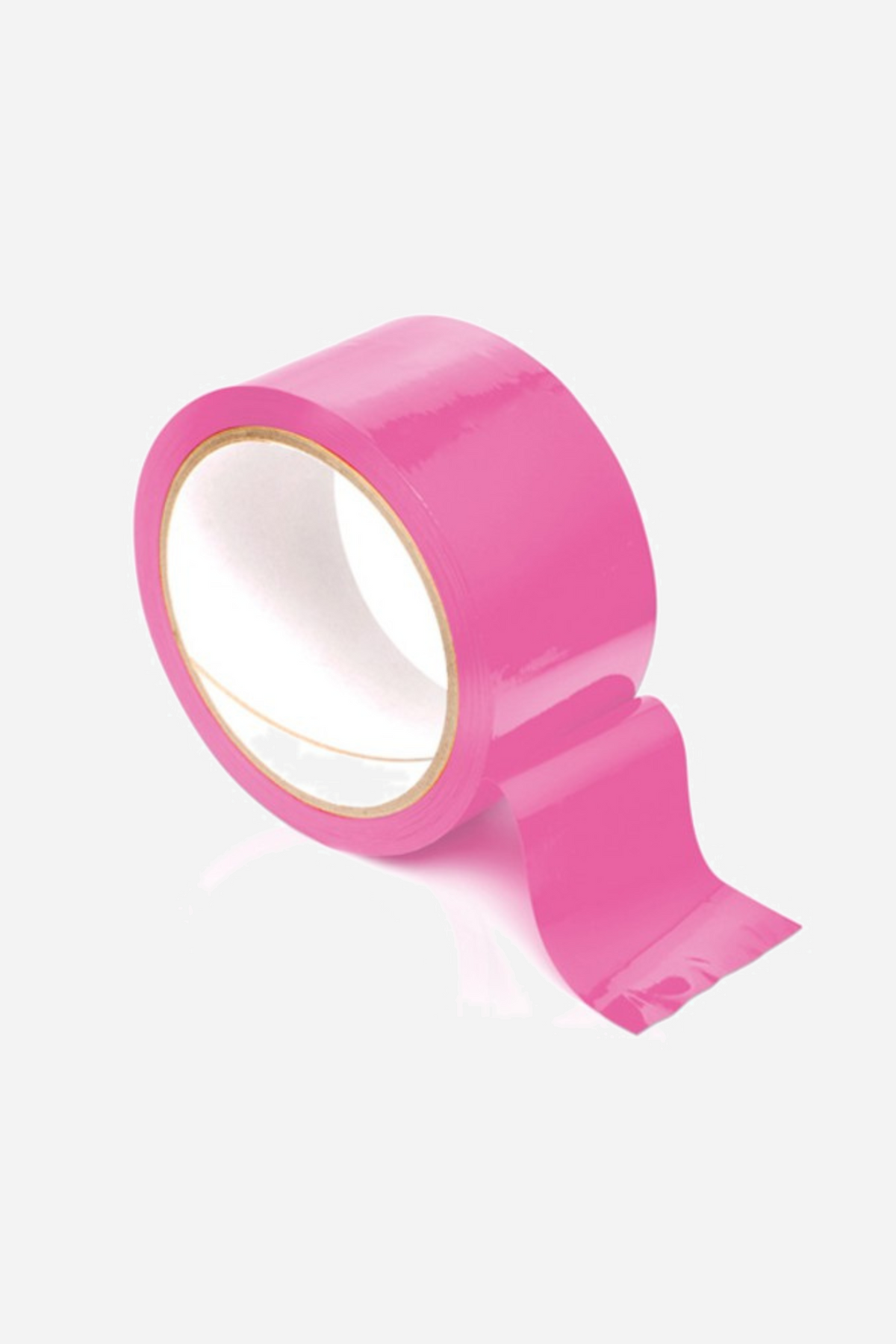 A roll of hot pink Lotus Blooms bondage tape standing on its edge, a short tail of the glossy PVC ribbon unwound at its base.
