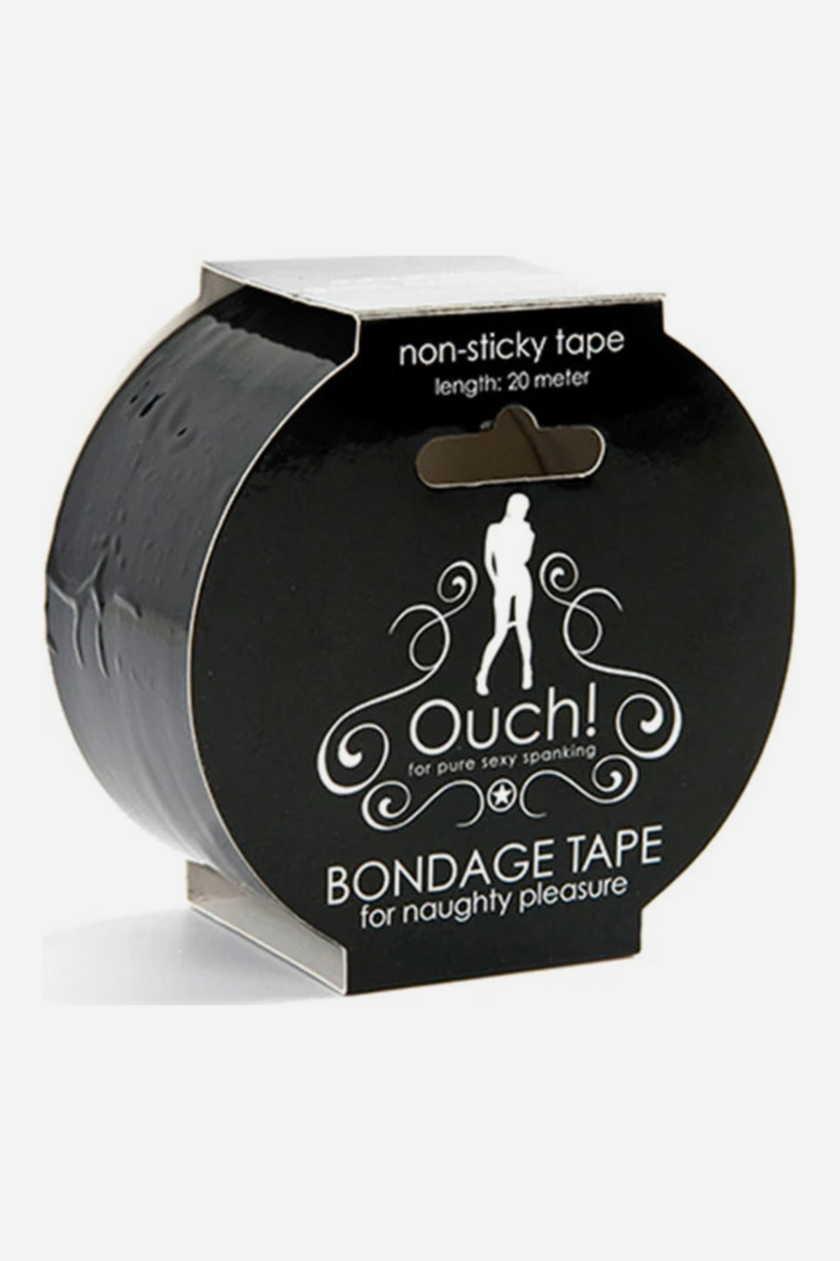 Roll of black Ouch! non-sticky bondage tape, 20 meters long, in a black cardboard sleeve with white swirl and silhouette print, on a light grey background.