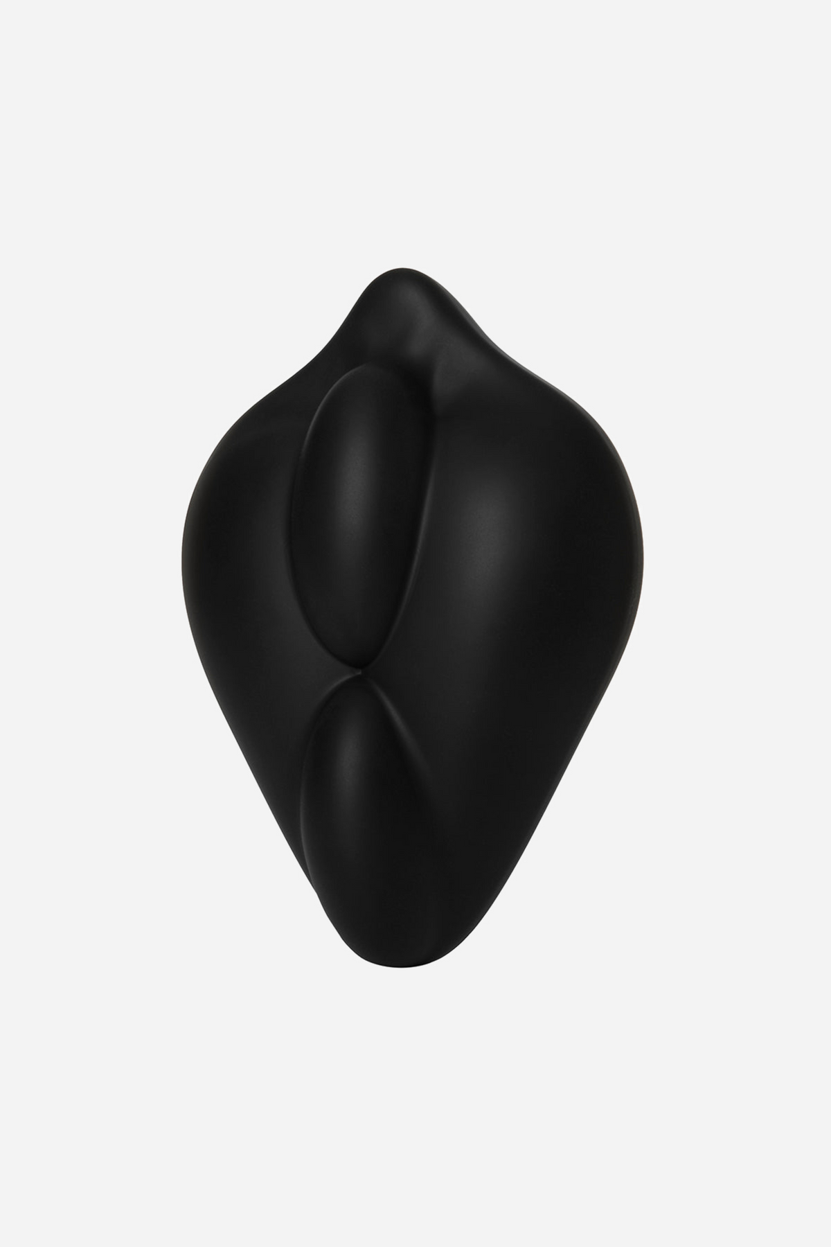 Front view of the black BumpHer silicone pad, a teardrop cushion with two soft bump ridges shaped to press against the body in use.
