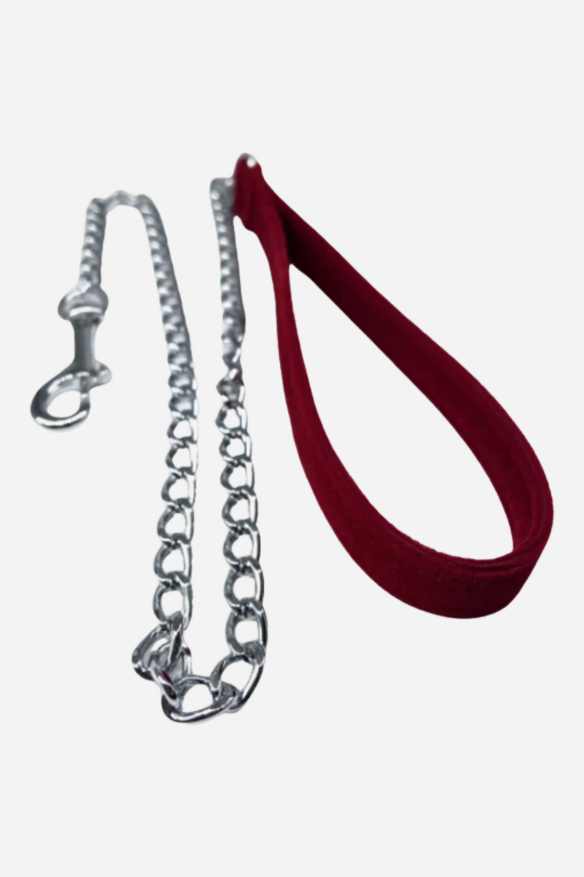 Burgundy velvet leash with a soft looped velvet hand strap attached to a chunky silver chrome chain that ends in a silver snap hook clasp.
