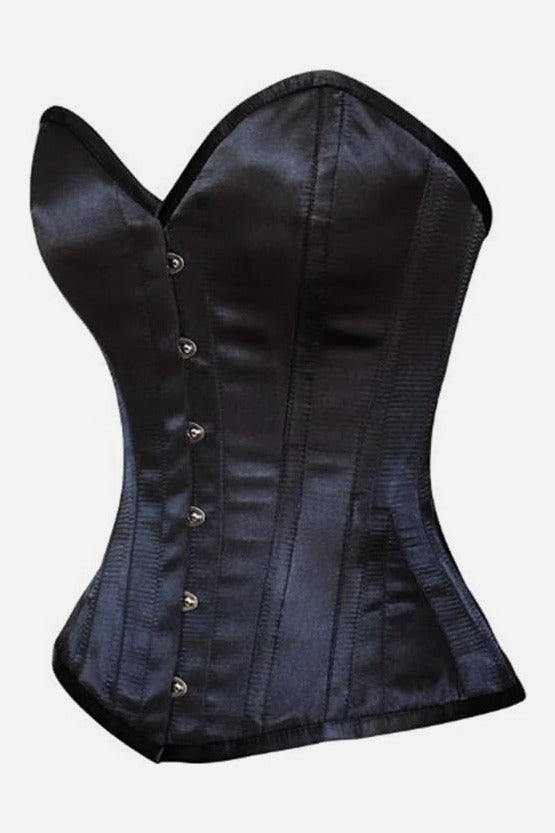 Side view of the black satin Certainly Sweetheart overbust corset showing its curved sweetheart bust, nipped waist and flared hip line