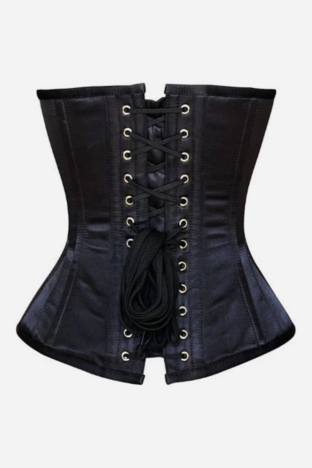 Back of the black satin Certainly Sweetheart overbust corset showing black laces crossed through two rows of silver grommets with a modesty gap