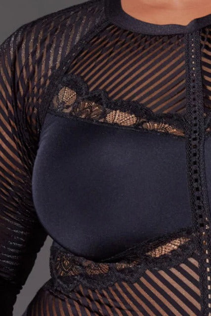 Close-up of Chelsea's High Line bodysuit showing angled sheer stripe mesh, solid black panels and delicate lace trim inserts