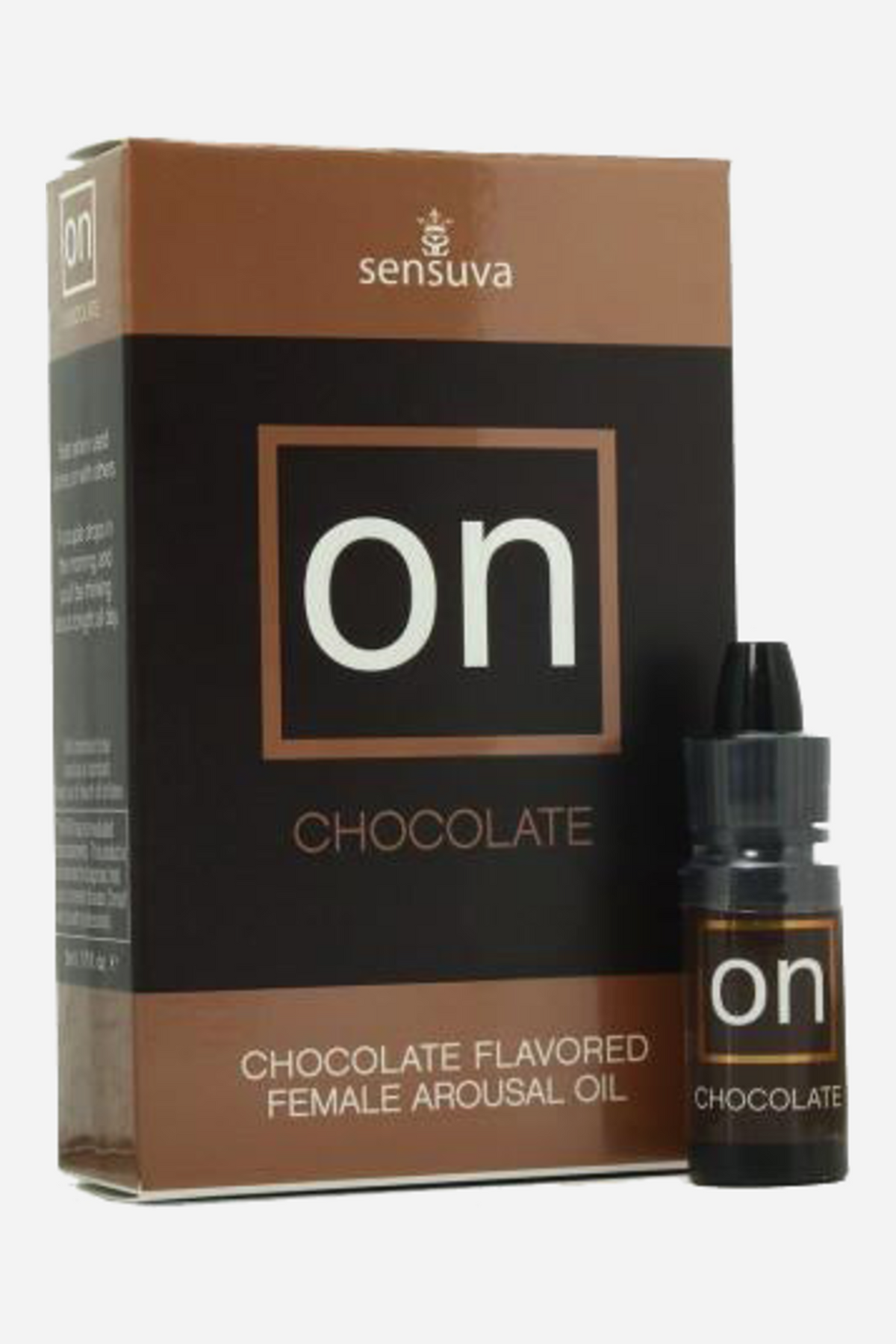 Brown and black Sensuva ON box for chocolate flavored female arousal oil, shown beside the small dark dropper bottle with a matching ON Chocolate label