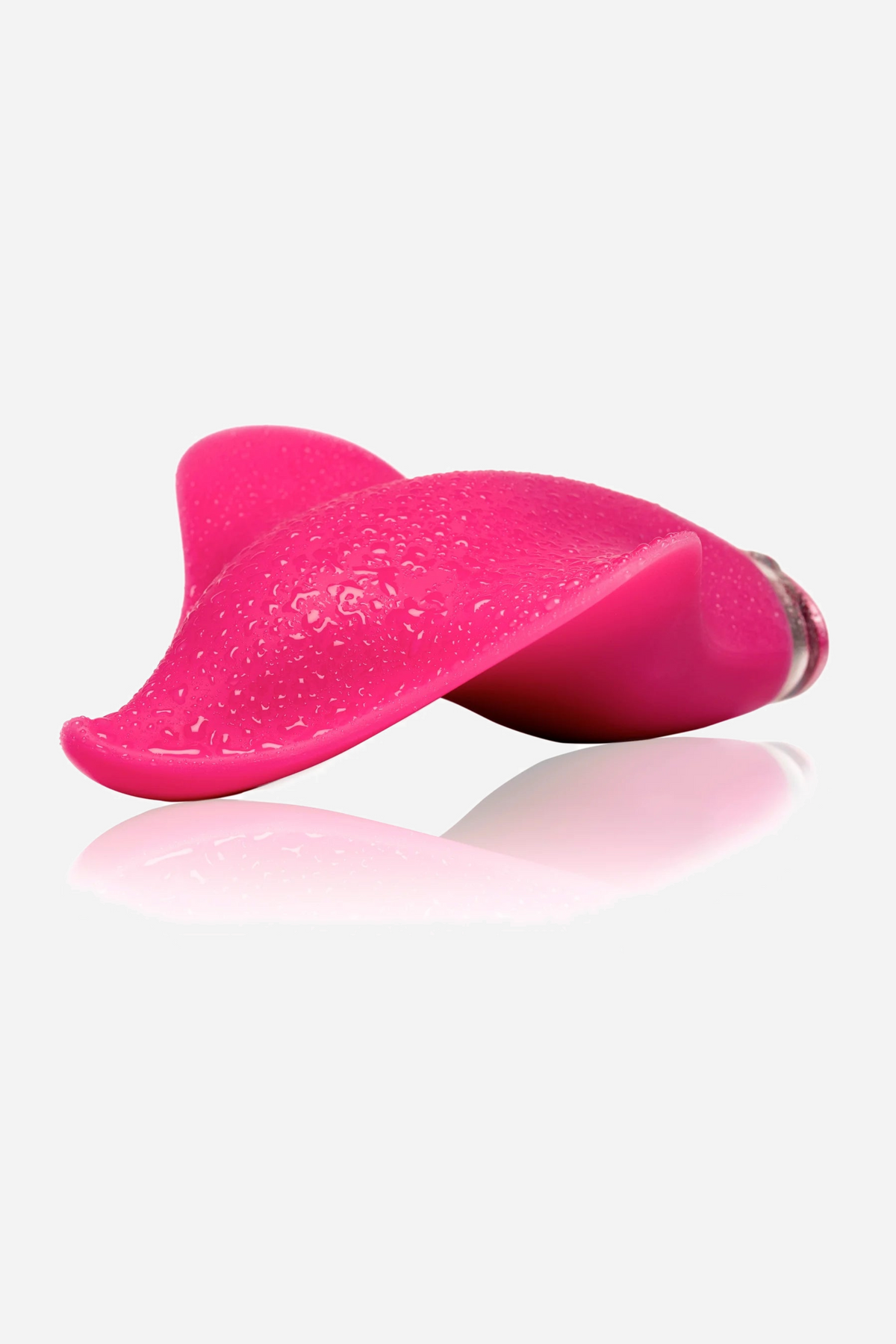 Close-up of the pink Mimic Plus covered in water droplets, showing its flexible wing and silver control band
