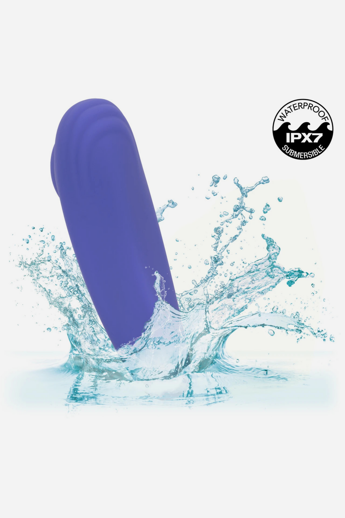 Connect Us Wearable Panty Vibe dropping into a splash of water beside an IPX7 badge, showing it is fully waterproof for bath and shower play