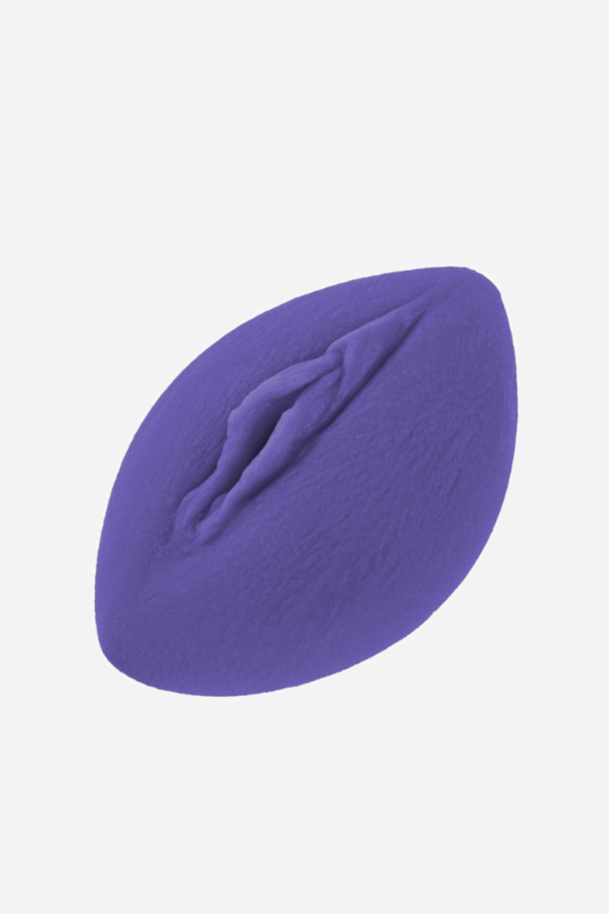 Purple Coochie stimulator cushion seen from above, an oval pad moulded with a vulva shape