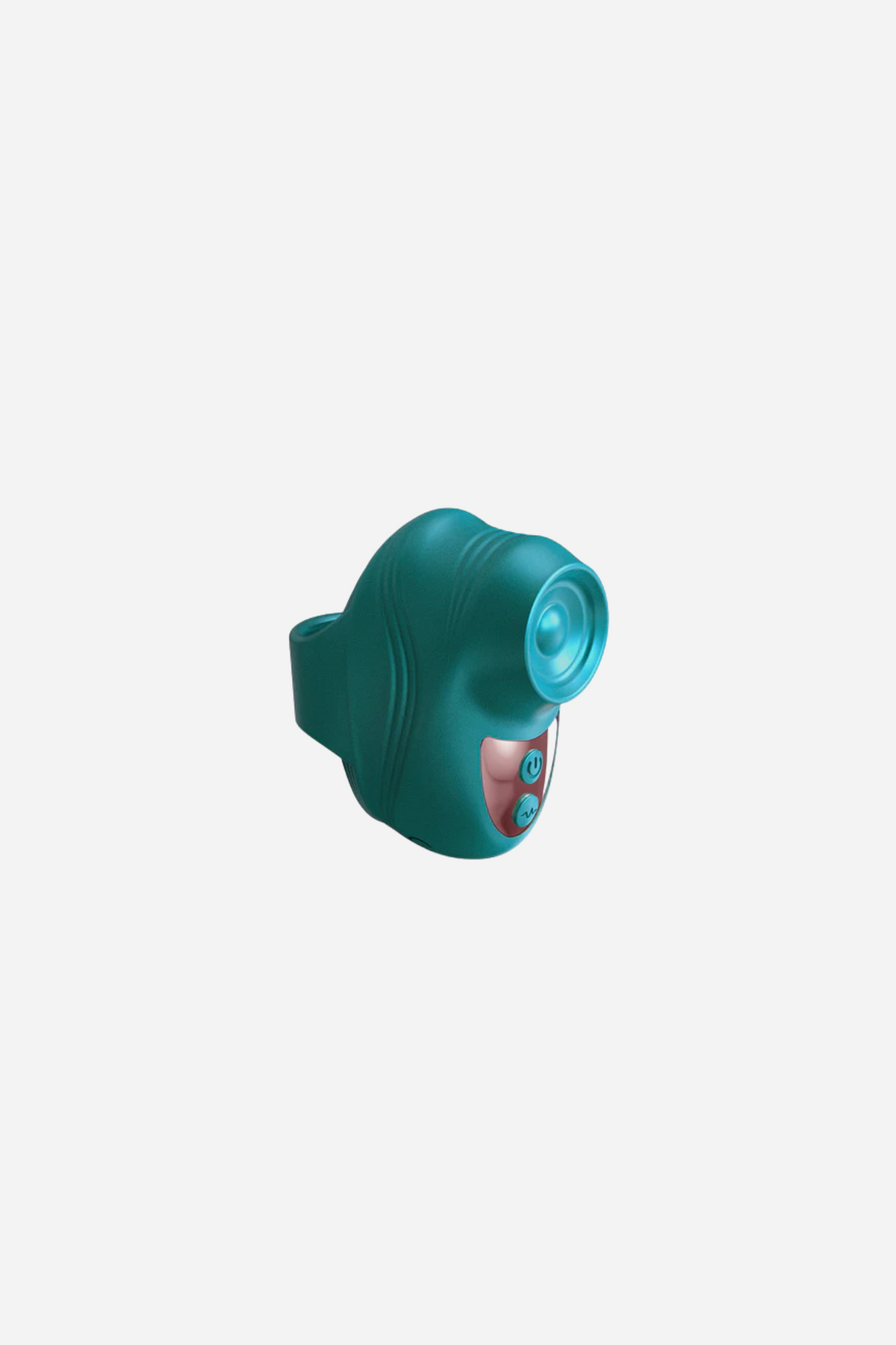 The finger tapping vibe in teal, showing the same rounded body, tapping arm and finger loop, photographed on a plain grey backdrop.
