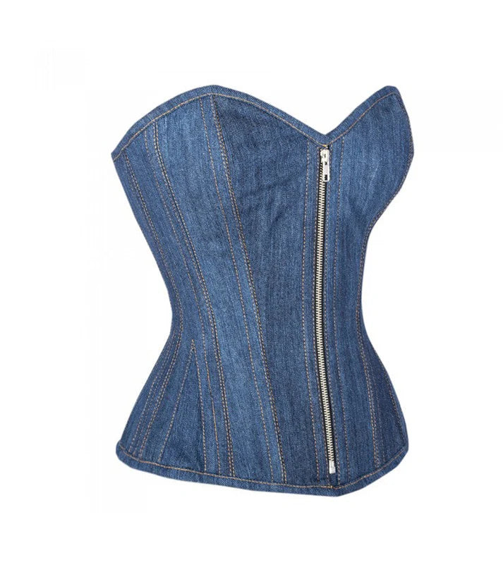 Cowbae Carter Zip Up Overbust in Denim