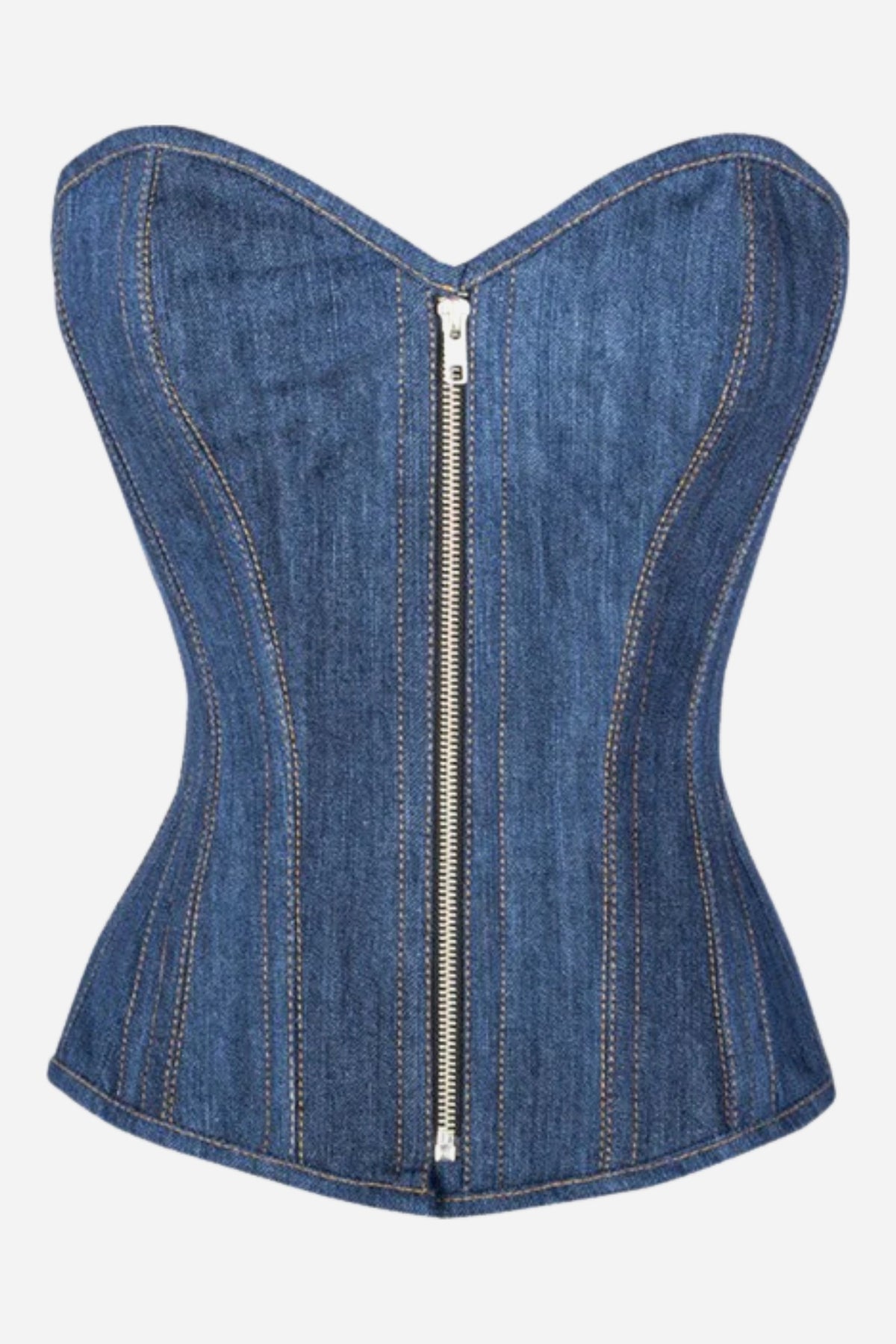 Front of the Cowbae Carter overbust corset in blue denim with a sweetheart neckline, contrast stitched boning channels and a silver front zipper