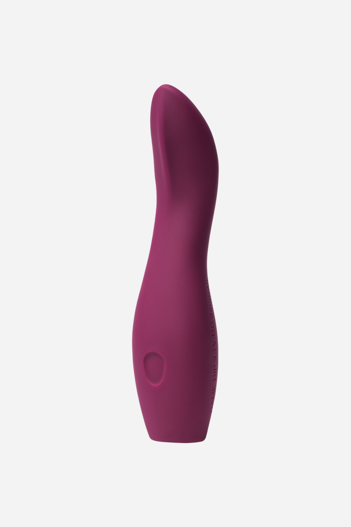 Side view of the plum Dame Dip 2.0 palm vibe showing the gently curved, tapered tip and the ergonomic body that fits easily in the hand