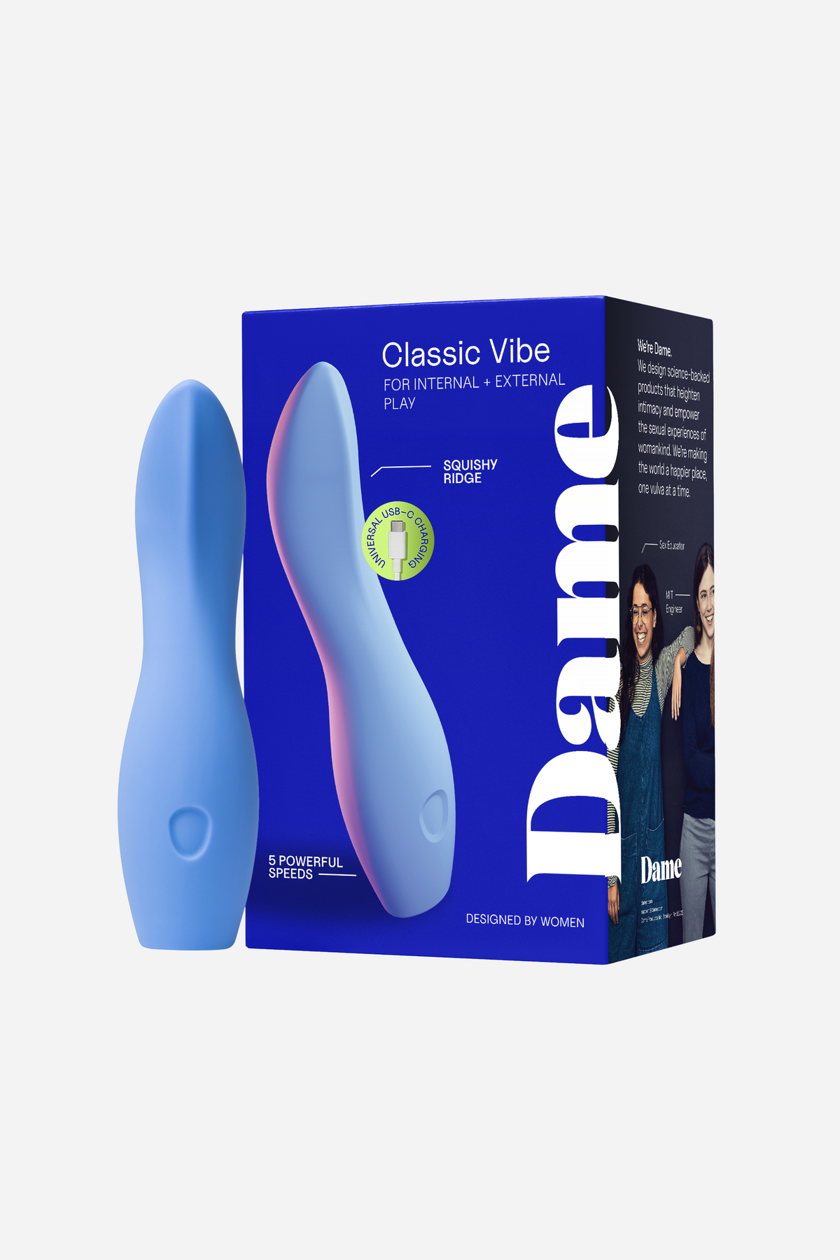 Periwinkle Dame Dip 2.0 palm vibe standing beside its blue Dame retail box, with the product pictured and described on the front of the packaging