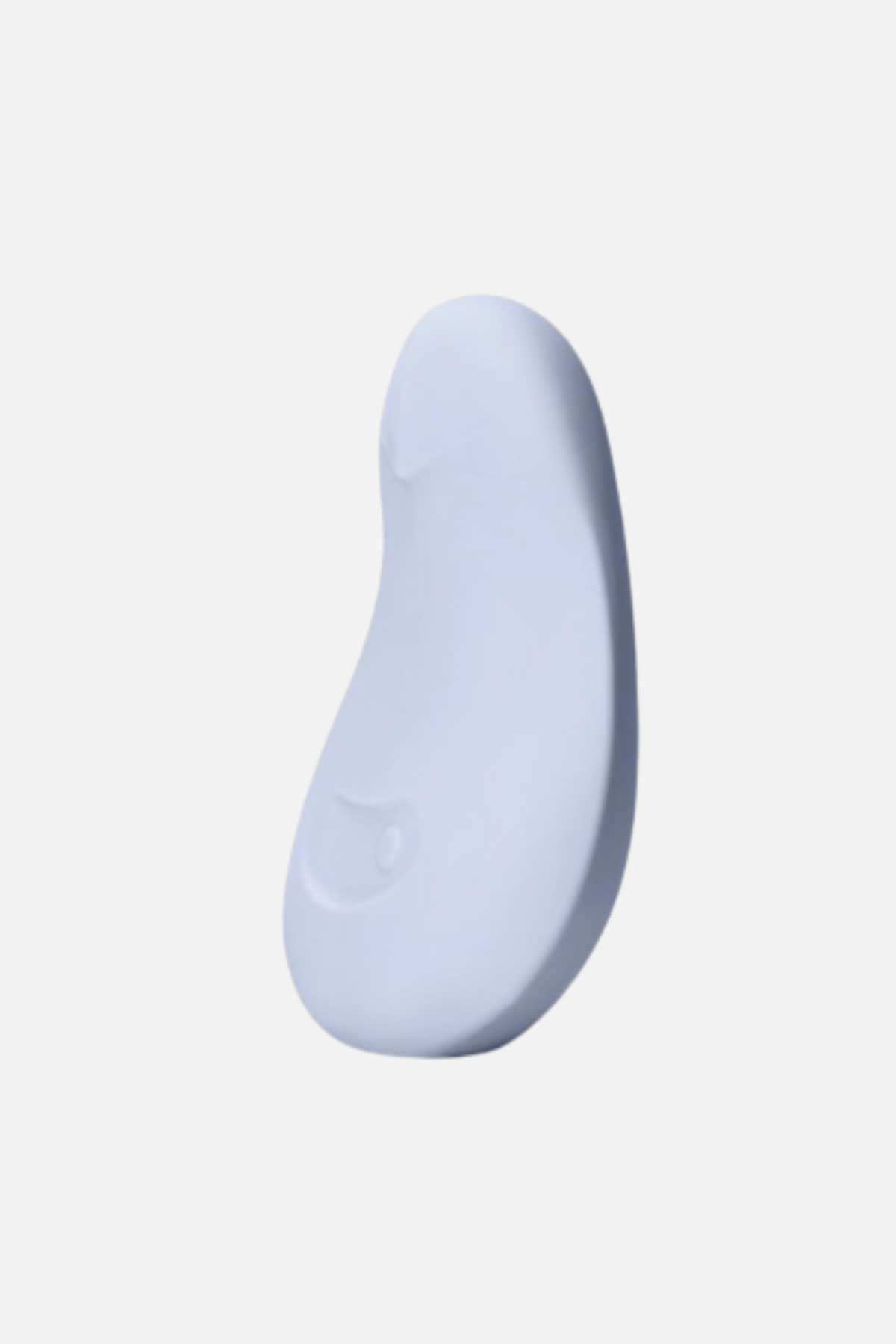 Angled view of the ice blue Dame Pom Flexible Palm Vibe showing its curved, ergonomic silicone body and the control buttons near the base