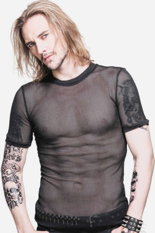 Model with long blond hair and tattooed arms wearing the black Dance Punk see-through fishnet mesh tee with short sleeves and a crew neck